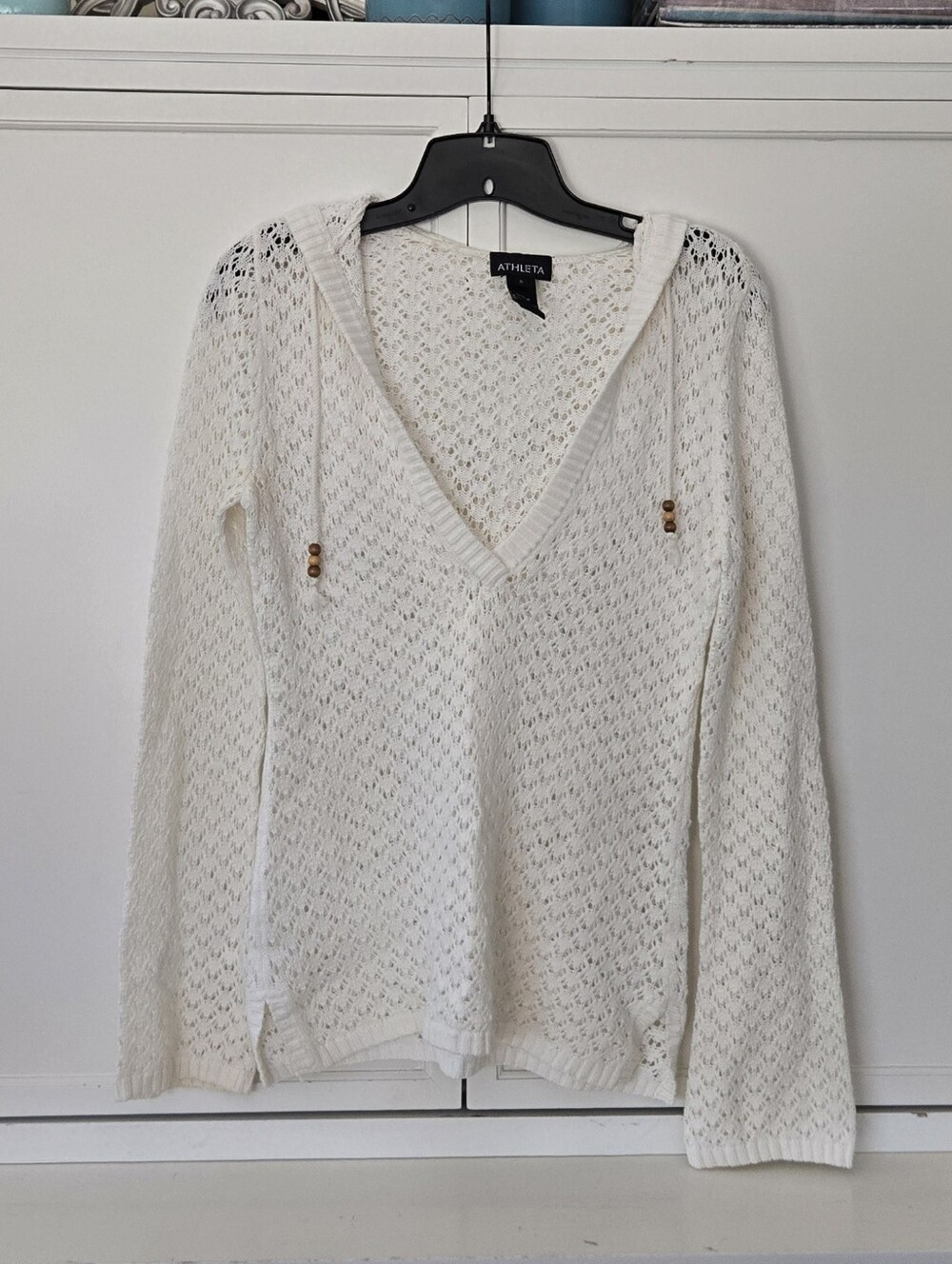 Athleta Cream Open Knit V-Neck Hooded Sweater